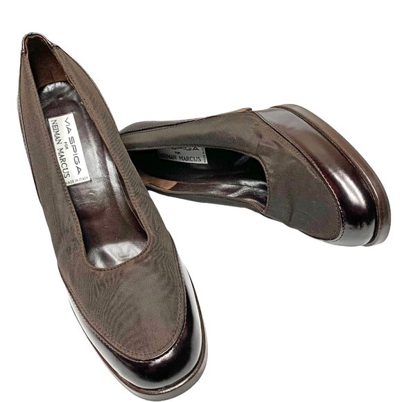 VIA SPIGA Neiman Marcus Brown Textile Leather Block‎ Heel Pumps - Picture 11 of 11